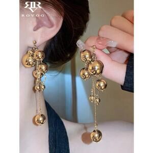 Gold Tone Statement Drop Earrings – Multi Ball Chain Dangle Earrings